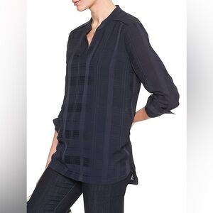 Banana Republic Solid Navy Plaid Texture Long Sleeve Blouse